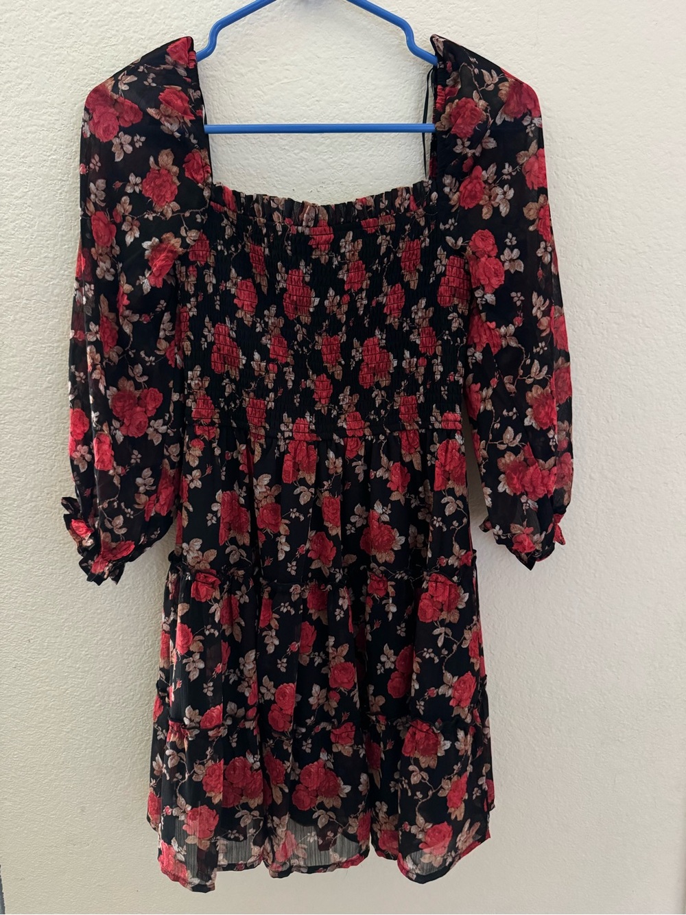 Francesca's Collections Black Mini Dress with Red Rose Print